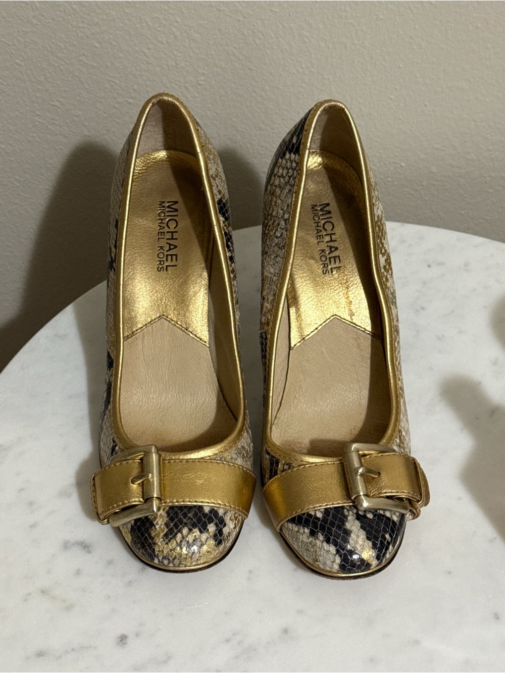 MICHAEL Michael Kors Gold Snakeskin-Print Buckle Heels
